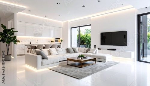 Bright, modern living room with white sectional sofa, coffee table, TV, and open kitchen area, illuminated by recessed and accent lighting.