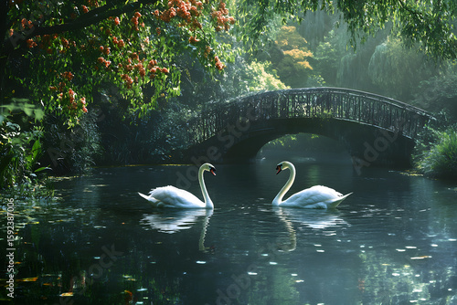 Fototapeta Naklejka Na Ścianę i Meble -  two swans swimming in a pond under a bridge