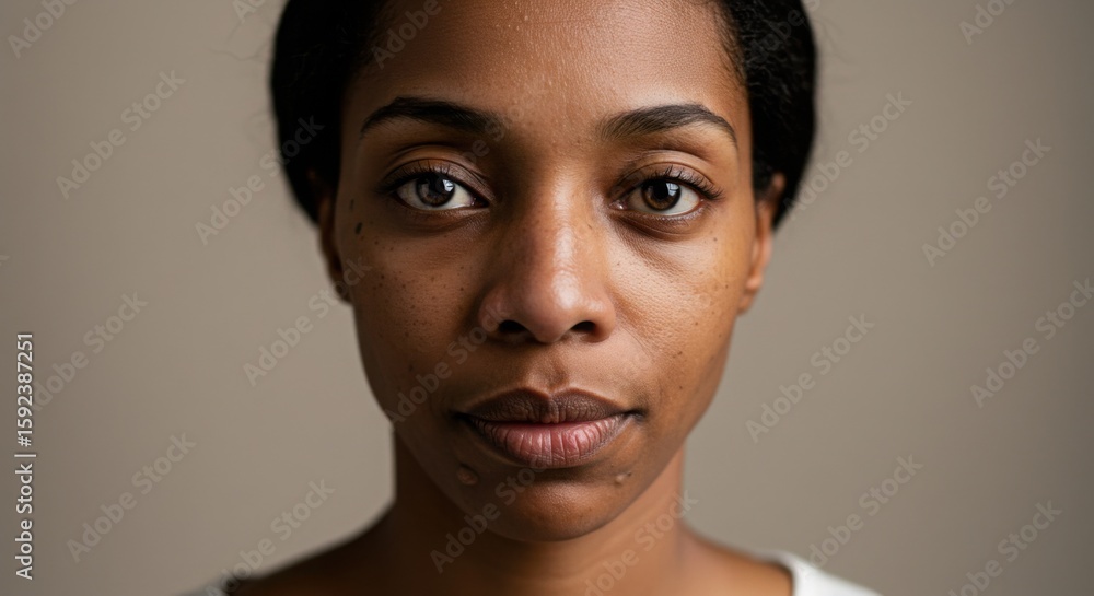 Young black woman looking directly at the camera with neutral expression Young black woman looking directly at the camera with neutral expression