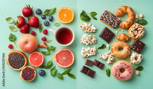 A colorful visual split of healthy and unhealthy foods on a mint green background
