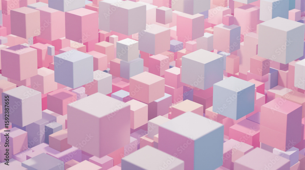 Obraz premium A dense, abstract field of pastel-colored cubes in varying sizes and shades of pink, white, and light blue, creating a three-dimensional, almost city-like landscape with a soft, dreamy aesthetic