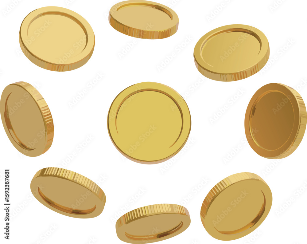 Golden coins arranged in a circular pattern on a white background money currency Golden coins arranged in a circular pattern on a white background money currency