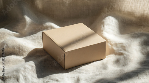recyclable packaging box mockup on linen with clean shadows and editorial studio lighting, modern branding look.