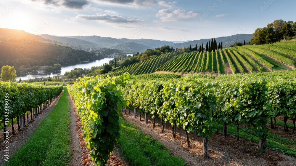 Fototapeta premium Vivid sunset colors envelop a vineyard, highlighting the lush grapevines and mountains, creating a peaceful and tranquil atmosphere