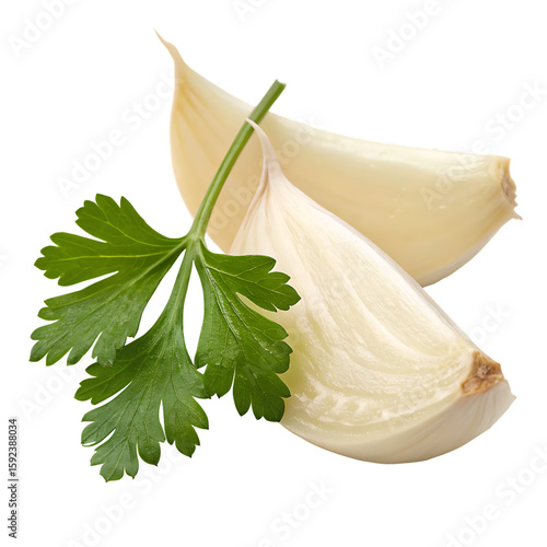 A peeled slice of garlic with a fresh coriander leaf for seasoning isolated on a transparent background png