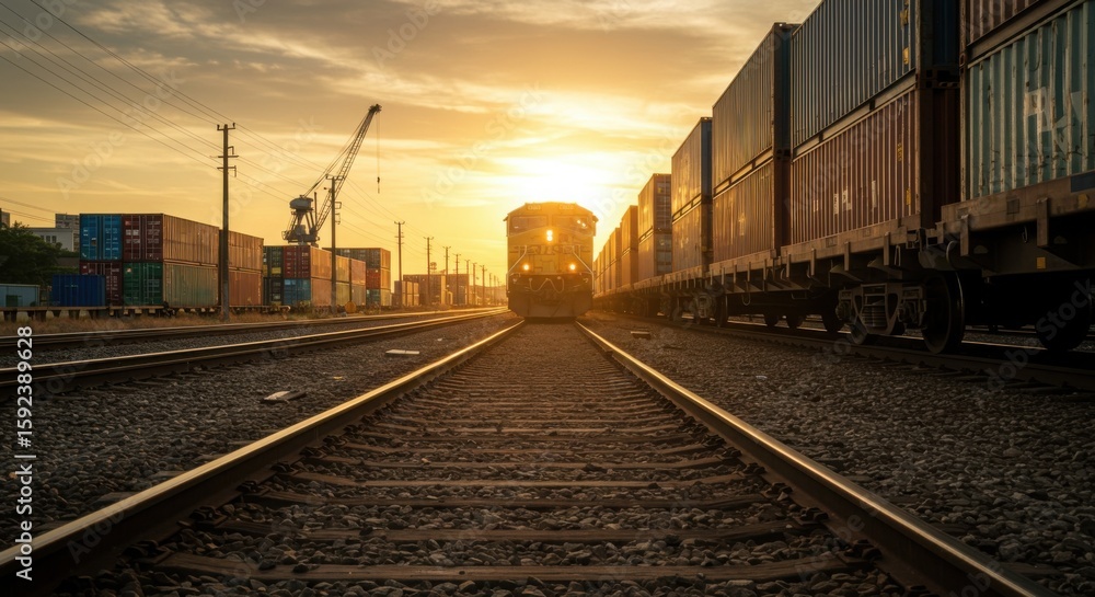 Fototapeta premium Freight train transporting shipping containers at sunset on railway 