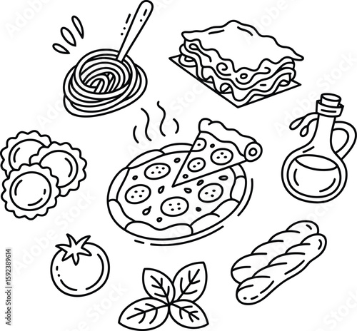 Whimsical hand drawn italian food collection featuring pasta pizza and more