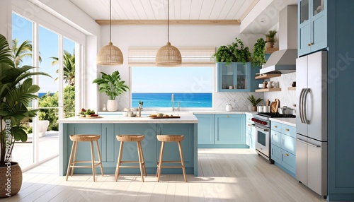 Bright, airy kitchen interior with light blue cabinets, a central island with stools, large windows overlooking the ocean, and potted plants adding a touch of nature.