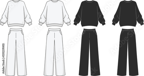 Sweatshirt and sweatpants matching set fashion front view in white, gray, black, cad drawing flat vector illustration, technical garment sketch.