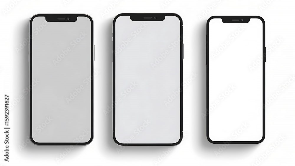 Three modern smartphones with blank white screens for mockup. Sleek, minimalist product shot on a clean, white background, emphasizing uniformity. Three modern smartphones with blank white screens for mockup. Sleek, minimalist product shot on a clean, white background, emphasizing uniformity.