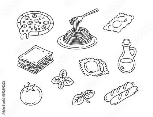 Hand drawn italian food icons featuring pasta pizza lasagna and more