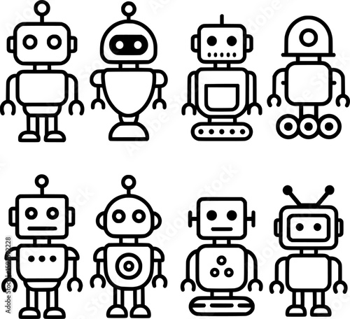 Robot Icon Set in Black and White Line Art Style