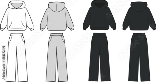 Hoodie and sweatpants set front and back view in black, grey and white, cad drawing flat vector illustration fashion garment sketch.