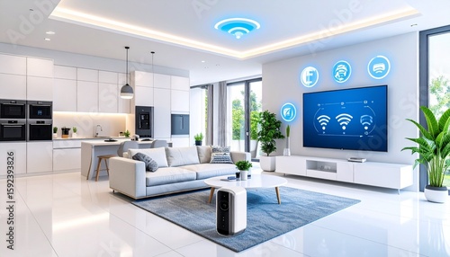 Bright, modern living room interior featuring smart home technology icons displayed on a television screen, with a white kitchen in the background.