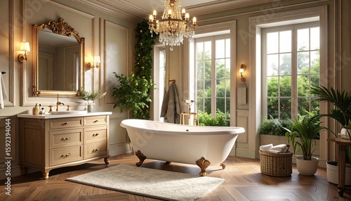 Elegant bathroom interior featuring a freestanding bathtub, vanity with ornate mirror, chandelier, and natural light from large windows overlooking greenery.