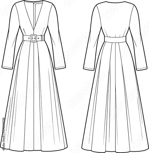 Elegant long sleeve belted maxi dress with deep V-neckline, front pleats, back view, technical fashion flat sketch illustration