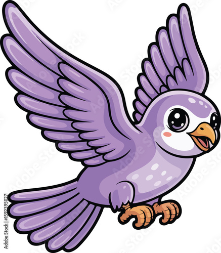 A cartoon of a lovely flying bird with purple feathers, spreading its wings