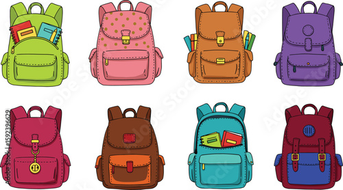 Colorful cartoon backpacks collection isolated on white background, various school bags with stationery, cute design for kids education.