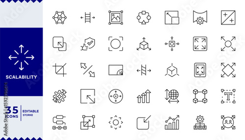 Scalability line icon set. Scale, scalable resize, scaling, stretch, expand, expansion, elasticity, scalling, adaptability, efficiency and more. Outline vector icon. Pictogram collection