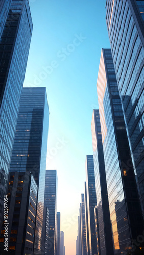 Upward wide-angle view of modern corporate skyscrapers with glass reflections and open blue sky, symbolizing business growth, financial ambition, and real estate development in urban city centers.