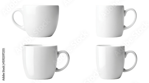Four pristine white coffee mugs, a cozy and inviting coffee break setup four