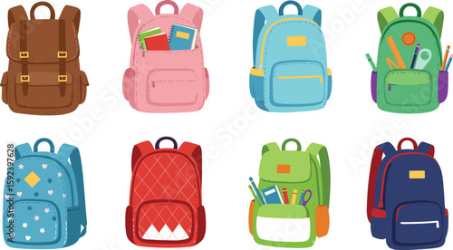 Set of colorful cartoon school backpacks for kids, bookbags with school supplies, cute vector illustrations for education and learning