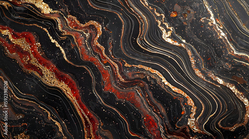 Abstract, dark background with swirling, marbled patterns of gold, red, and black.  Intricate veins create a dynamic visual effect