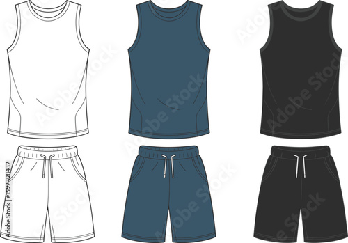 Men's sleeveless tank top and drawstring shorts in multiple colors, cad drawing flat vector illustration fashion template for sport clothing design