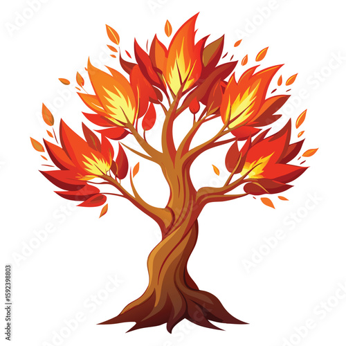 Fantasy tree with leaves resembling flames, glowing with fiery colors, a magical design.