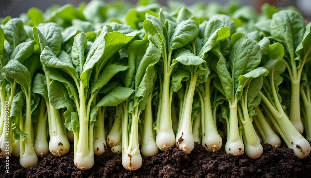 tightly packed leaves with subtle variations in color, ranging from light to deep green. Patches of soil cling to the base of the stalks and sprouts, indicating their recent removal from the earth tightly packed leaves with subtle variations in color, ranging from light to deep green. Patches of soil cling to the base of the stalks and sprouts, indicating their recent removal from the earth