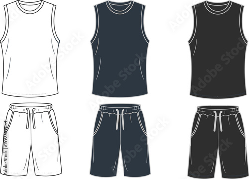 Men’s sleeveless sport tank top and drawstring shorts set in three colors, cad drawing flat vector illustration for clothing fashion template