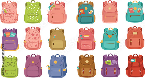 PrintColorful cartoon school backpacks collection, isolated vector set, cute kids bookbags with stationery, back to school supplies design