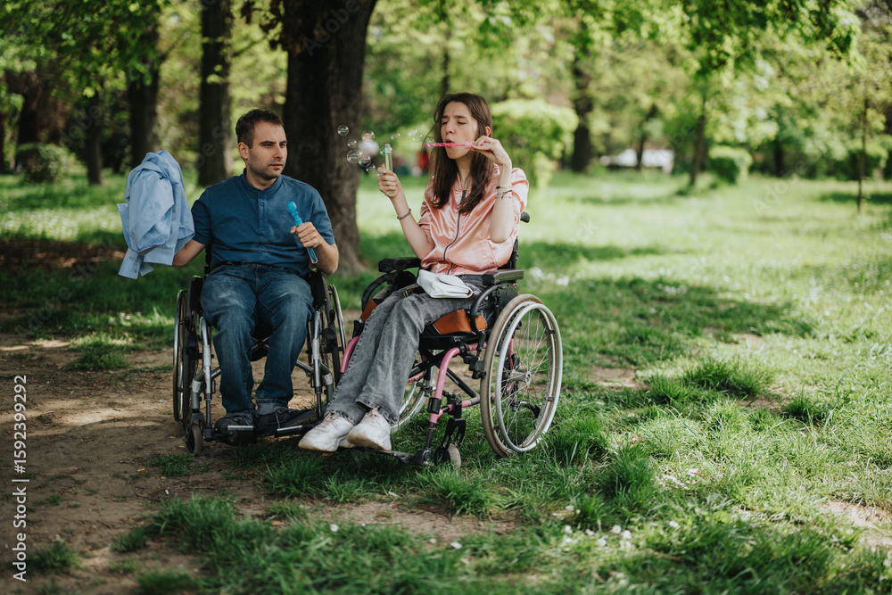 Friends spending time together in a park. Capturing a joyful interaction between individuals in wheelchairs surrounded by green scenery, summery vibe, and positive energy. Friends spending time together in a park. Capturing a joyful interaction between individuals in wheelchairs surrounded by green scenery, summery vibe, and positive energy.