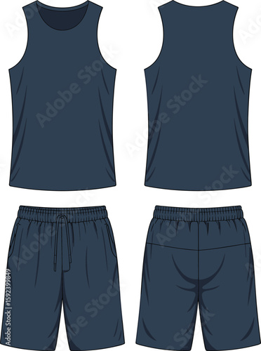 Men’s sleeveless tank top and drawstring shorts activewear set front and back, cad drawing flat vector illustration for fashion template sketch.