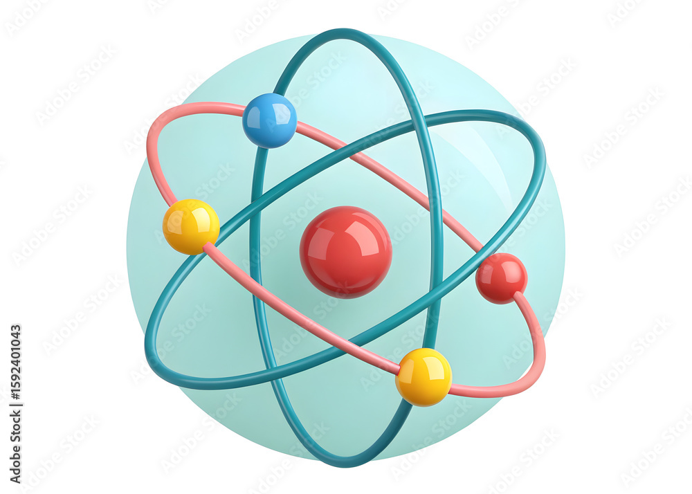 Atom model icon isolated on white background showing molecular structure with electrons and nucleus in 3D scientific illustration Atom model icon isolated on white background showing molecular structure with electrons and nucleus in 3D scientific illustration