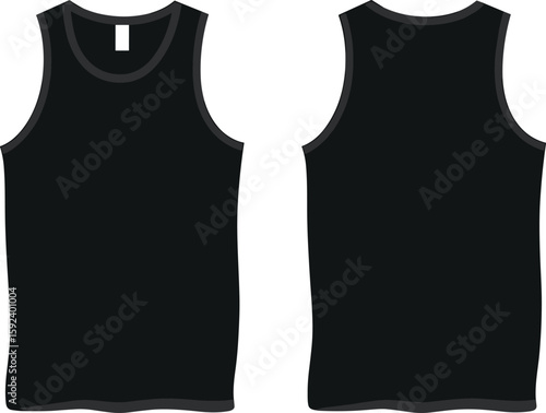 Men’s black fitted tank top front and back view shown flat, cad drawing flat vector illustration fashion sketch for clothing design