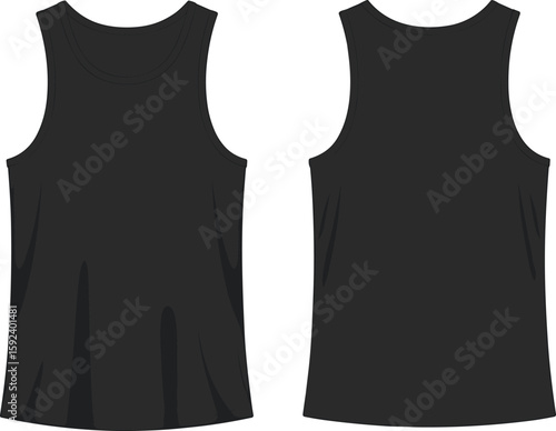 Sleeveless black tank top front and back view, fashion mockup for apparel design, cad drawing flat vector illustration clothing template