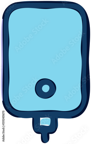 Cartoon illustration of a medical intravenous bag with a drip chamber.