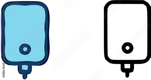 Two IV bags, one colored blue and one in black outline, depicted side-by-side.