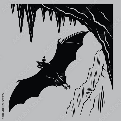 Bat Flying Under Cave Ceiling Silhouette vector design art and illustration