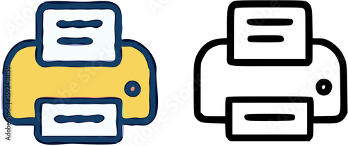 A yellow printer icon with paper, next to a black and white line art version.
