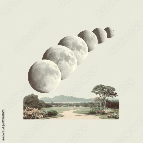 Surreal Landscape with Phases of the Moon Overtranquil Natural Scene