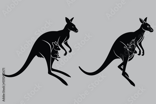 Kangaroo Jumping with Joey in Pouch Silhouette vector design art and illustration