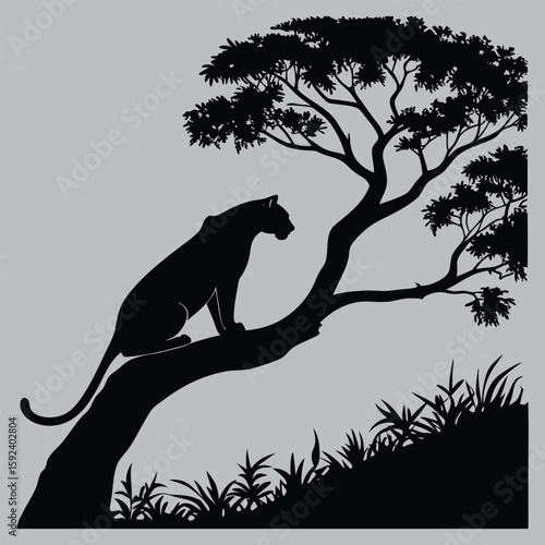 Leopard Resting on Tree Limb Silhouette vector design art and illustration