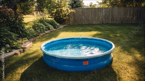 Blue inflatable kiddie pool in sunlit backyard garden with greenery and wooden fence