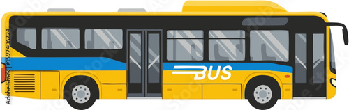 Side view of a bright yellow city bus with dark windows and blue accents.