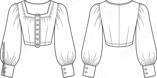 Fashion flat sketch of long sleeve cropped blouse, front and back view, button placket, puff sleeves, square neckline, technical drawing