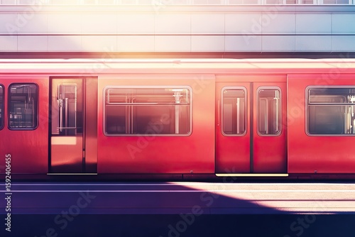 Crimson passenger train with sun-drenched exterior and multiple doors at the platform. Public transit.