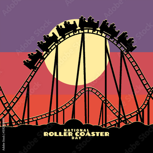 National Roller Coaster Day to celebrate on August 16th. Silhouette of a roller coaster ride as sunset approaches.