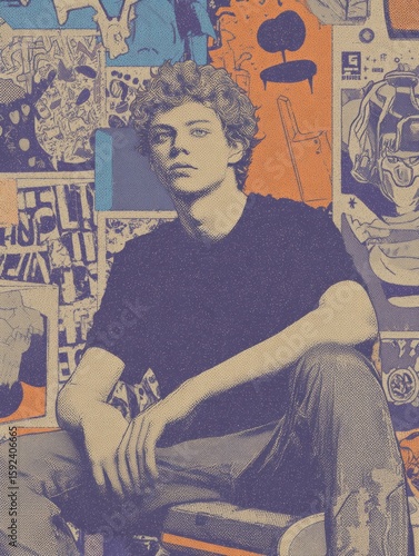 Young Man Posing Confidently with Artistic Background in Bold Color Palette